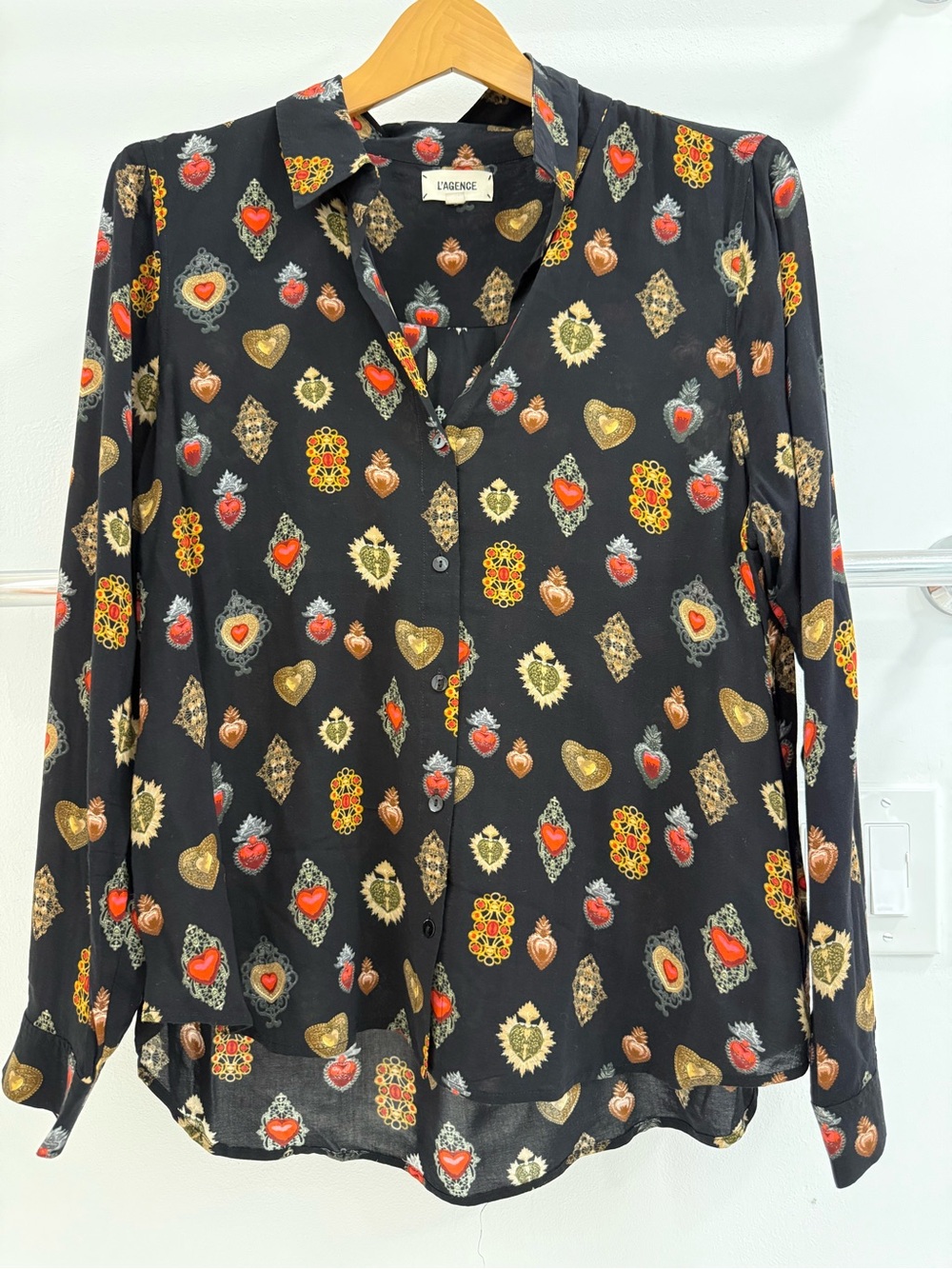 L'AGENCE Black Button-Down Shirt with Red & Gold Heart Medallions - Picture 2 of 4